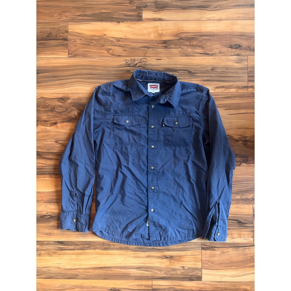 Levis Mens Long Sleeve Button Down Shirt Navy Blue Dual Pocket Small